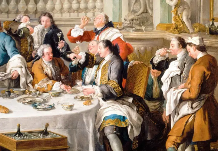Scène de banquet où des hommes en habits d'époque dégustent des huîtres et du champagne, évoquant l'histoire du champagne.