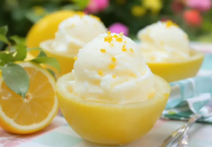 Trois coupes de citron givré, garnies de zestes d'orange, présentées dans des moitiés de citrons évidés. Un citron frais est visible à gauche.