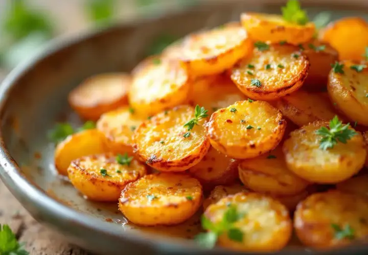 Assiette de pommes de terre rôties, dorées et garnies de persil frais. Une délicieuse recette de pomme de terre facile à réaliser.