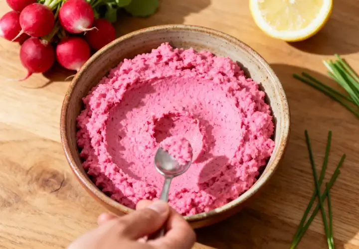 Un bol de tarama rose vif, prêt à être dégusté. Une recette simple et savoureuse.
