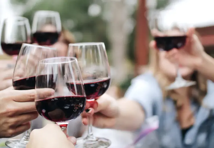 Des mains portent des verres remplis de vin rouge pour une dégustation conviviale en plein air.