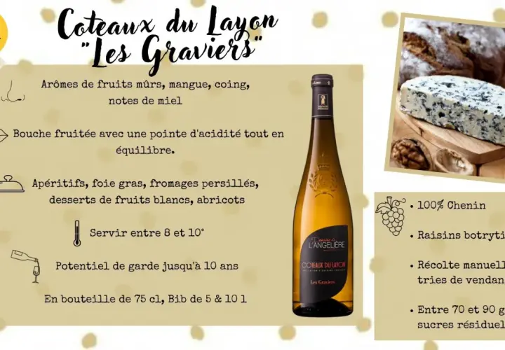 Bouteille de Coteaux du Layon "Les Graviers", un vin 100% Chenin, sec ou moelleux, aux arômes de fruits mûrs et de miel. Parfait avec foie gras et fromages.