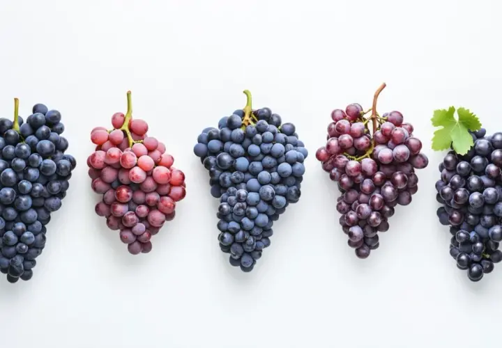 Cinq grappes de raisin, bleues et rouges, prêtes à devenir un délicieux raisin vin rouge.