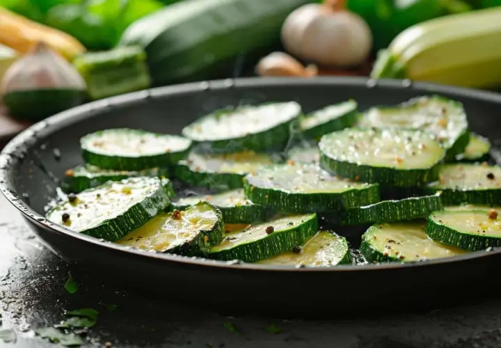 Tranches de courgettes assaisonnées cuisant dans une poêle, prêtes pour une délicieuse recette de courgette à la poêle.