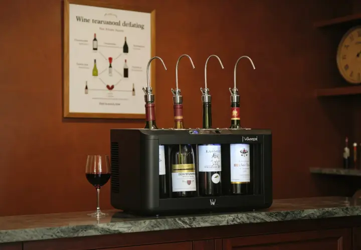 Système de conservation du vin avec quatre bouteilles ouvertes, idéal pour le temps de garde. Un verre de vin rouge à côté.