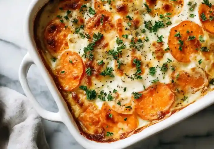Un délicieux gratin de patate douce, gratiné et parsemé de persil frais, prêt à être dégusté.