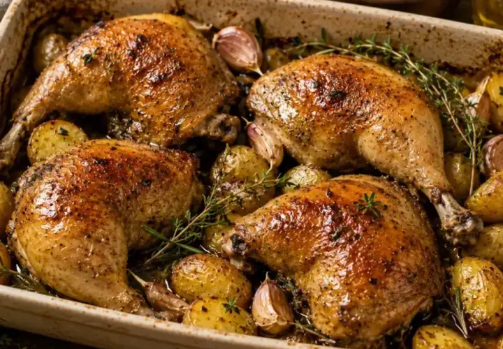 Quatre cuisses de pintade au four, dorées et juteuses, accompagnées de pommes de terre rôties, d'ail et de thym. Un plat savoureux prêt à être dégusté.
