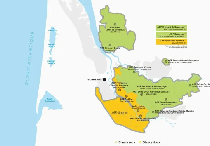 Carte des appellations de Bordeaux, incluant les Graves de Vayres, avec leurs zones de production et types de vins.