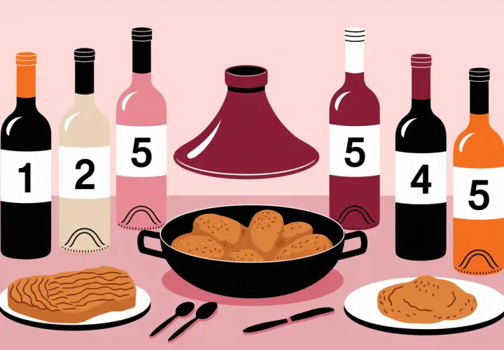 Bouteilles de vin et tajine de poulet, prêts pour un festin.