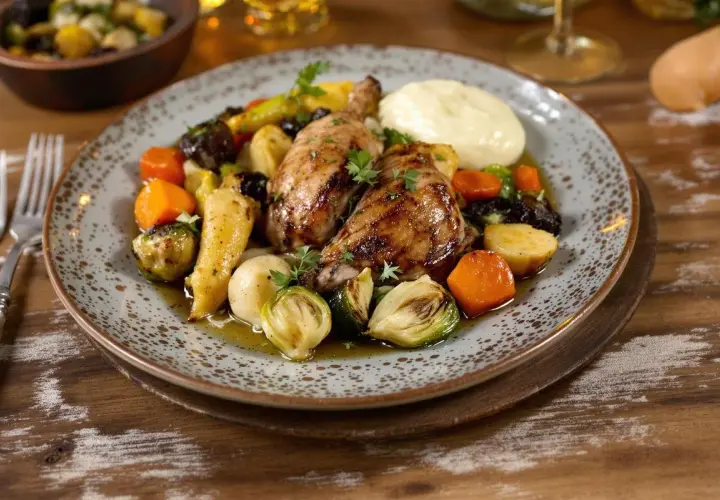 Pintade rôtie avec purée, carottes, panais, choux de Bruxelles et prunes. Quel accompagnement avec une pintade aux morilles ? Ce plat est une belle suggestion !