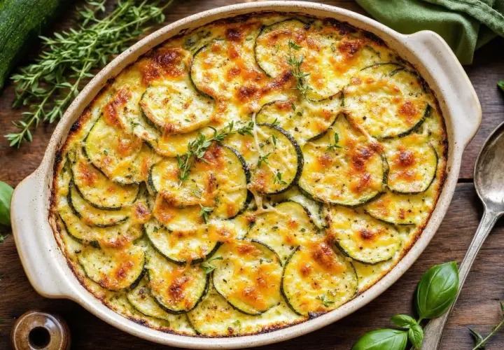 Un délicieux gratin de courgettes béchamel, doré au four, garni de fromage fondant et de quelques brins de thym frais.