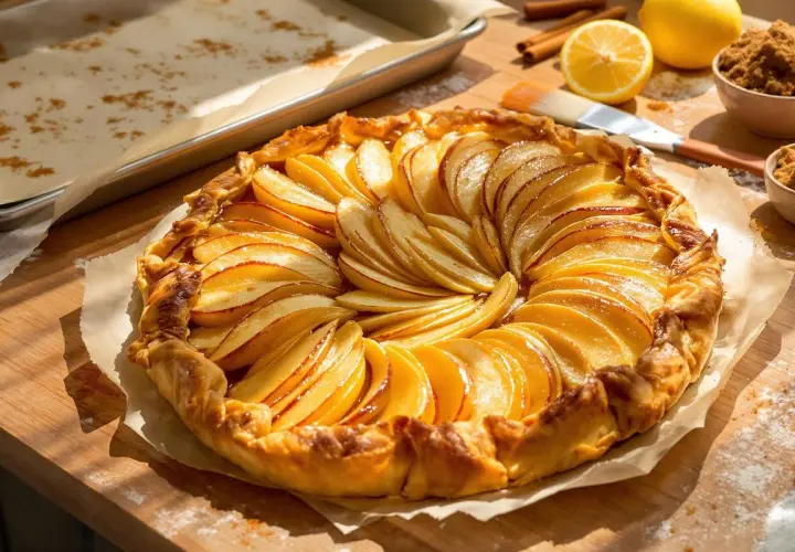 Une magnifique tarte aux pommes sur pâte feuilletée, aux fines tranches de pommes dorées et caramélisées, prête à être dégustée.