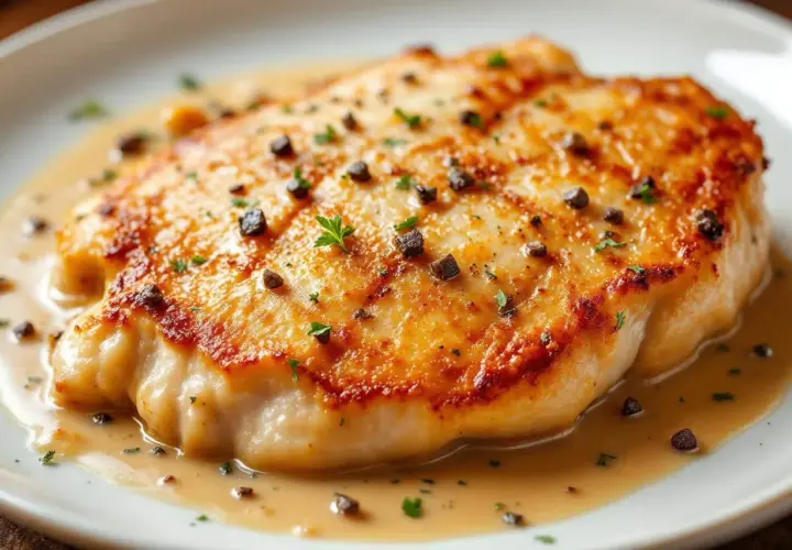 Un délicieux suprême de volaille doré, nappé d'une sauce onctueuse et parsemé de poivre concassé et de persil frais.