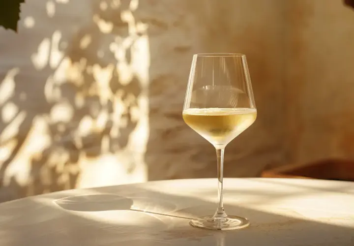 Verre de vin blanc baigné de soleil, évoquant la douceur et le taux de sucre dans le vin blanc. Ombre de feuilles sur le mur.