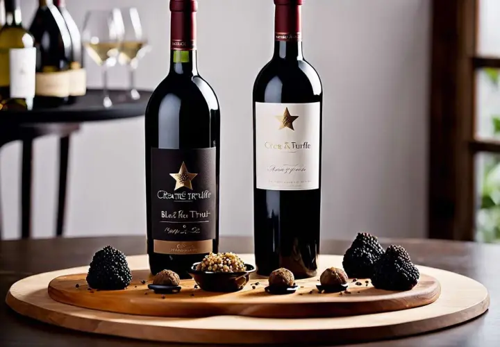 Deux bouteilles de vin rouge, l'une avec une étiquette noire, l'autre blanche, sont présentées avec des truffes noires et des bouchées gourmandes. Un accord parfait pour un vin avec truffade.