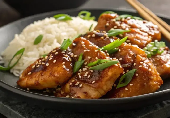 Délicieux poulet au miel glacé, parsemé de graines de sésame et d'oignons verts, servi avec du riz blanc.