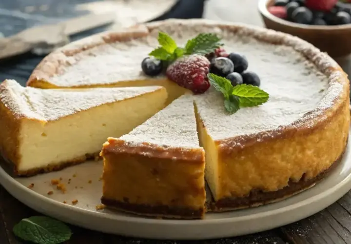 Un délicieux gâteau au fromage blanc, saupoudré de sucre glace et garni de fruits rouges et de menthe.