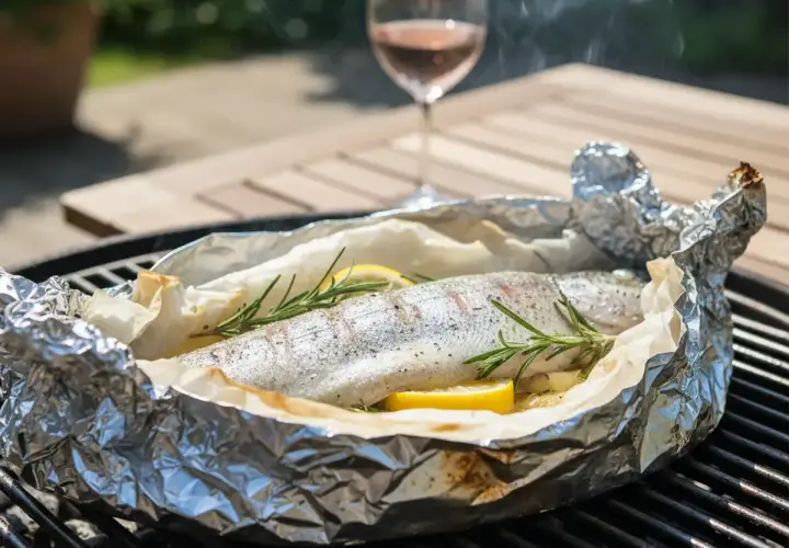 Une truite au barbecue, enveloppée dans du papier d'aluminium avec du citron et du romarin, fume doucement sur la grille.