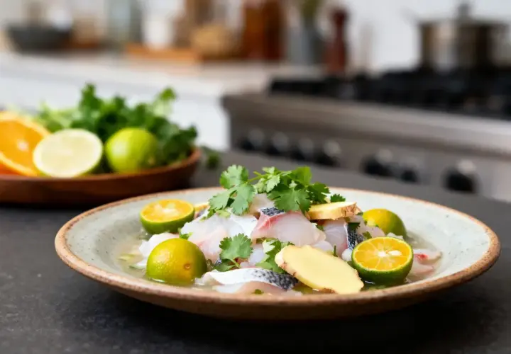Un plat frais de ceviche de daurade, garni de coriandre, de gingembre et de quartiers de citron vert, prêt à être dégusté.