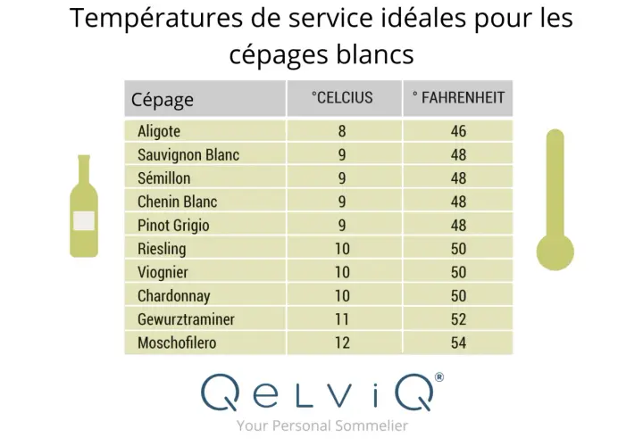 Tableau des températures idéales pour servir les cépages blancs. Un thermomètre et une bouteille de vin illustrent ce guide.