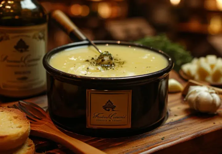 Un délicieux moment de partage autour d'une fondue au rosé, accompagnée de pain grillé et d'ail.