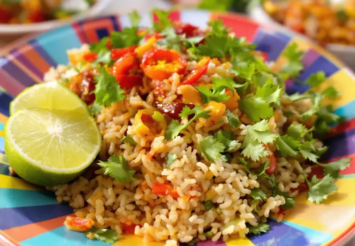 Un plat coloré de riz frit thaï, garni de coriandre fraîche et de quartiers de citron vert, sur une assiette vibrante.