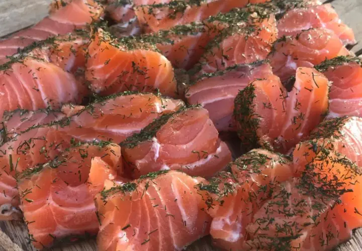 Des morceaux de saumon gravlax, parsemés d'aneth, prêts à être dégustés. Quel vin avec saumon gravlax ? Un blanc sec ou un rosé léger serait parfait.