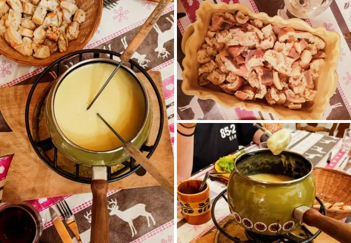 Un délicieux moment de partage autour d'une fondue savoyarde, avec du pain croustillant prêt à être trempé dans le fromage fondu.
