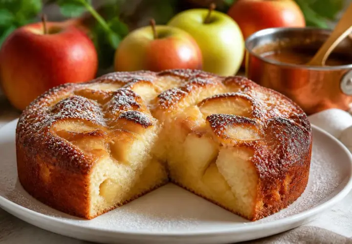 Un délicieux moelleux aux pommes, saupoudré de sucre glace, avec des pommes fraîches en arrière-plan.