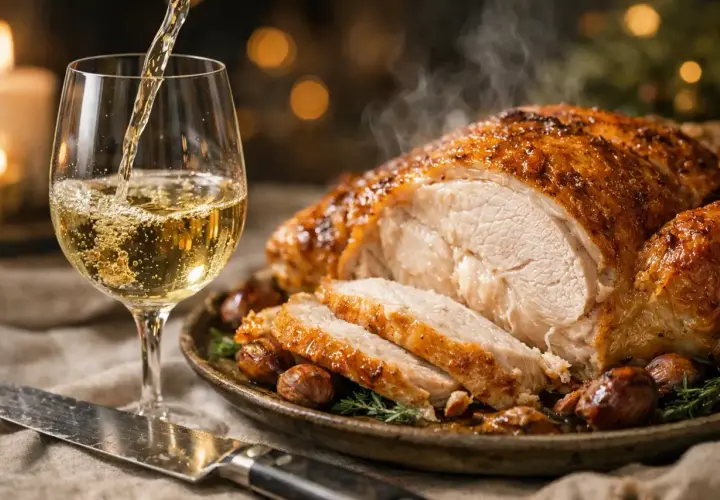 Un verre de vin blanc est versé près d'un chapon farci rôti, fumant et garni de marrons. Un repas festif.