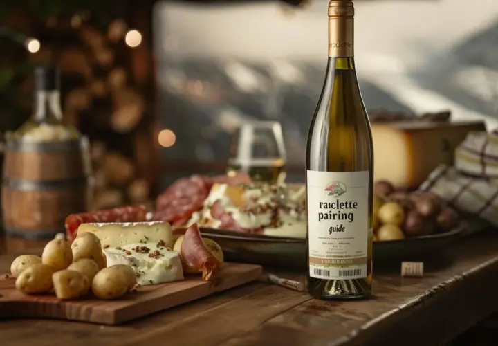 Bouteille de vin blanc, fromages, charcuterie et pommes de terre sur une planche. Une touche de citron pour parfaire l'accord parfait.