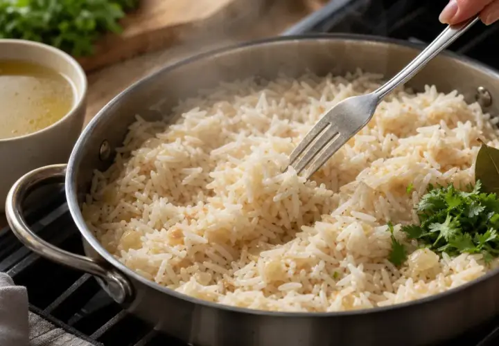 Un riz pilaf fumant, garni de coriandre fraîche et d'une feuille de laurier, est servi dans une poêle. Une fourchette prélève une portion de ce plat savoureux.
