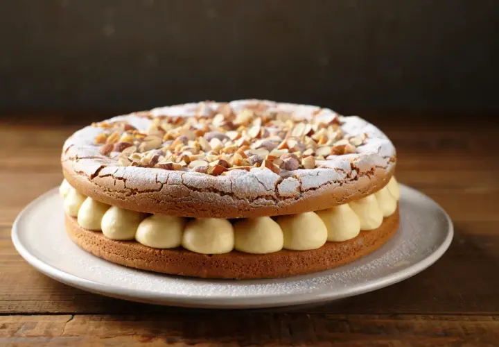 Gâteau rond garni de crème onctueuse et saupoudré d'amandes concassées. Une délicieuse dacquoise noisette à savourer.