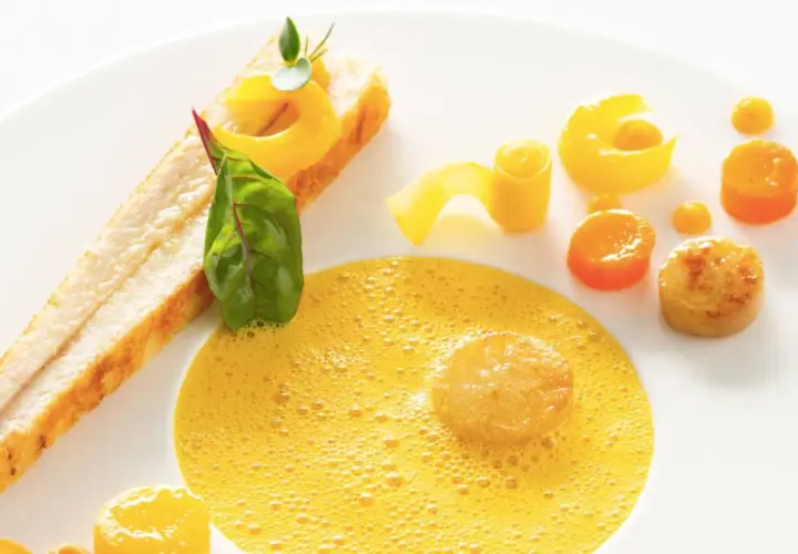 Une assiette élégante pour une recette d'omble chevalier : poisson poêlé, écume de carotte, et légumes croquants.