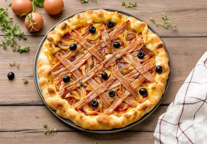 Pissaladière garnie d'oignons, d'olives et de lardons sur une pâte brisée ou feuilletée, prête à être dégustée.