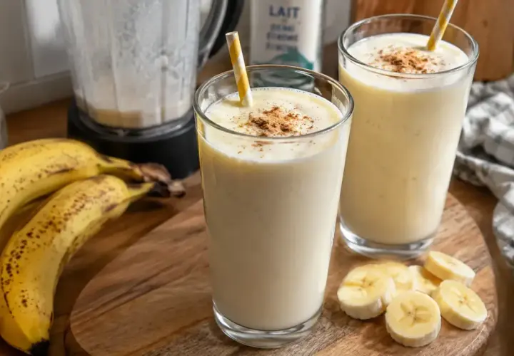 Deux verres de milkshake banane, parfaits pour une recette facile et rafraîchissante. Des bananes mûres et une touche de cannelle complètent ce délice.