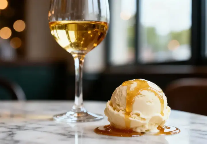 Une boule de glace à la vanille nappée de caramel, parfaite avec un verre de vin blanc. Une idée gourmande pour accompagner une boule de glace.