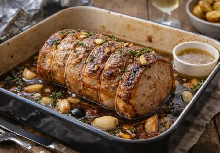 Un rôti de porc au vin blanc, doré et juteux, mijote dans son jus avec de l'ail et des herbes. Un délice prêt à être dégusté.