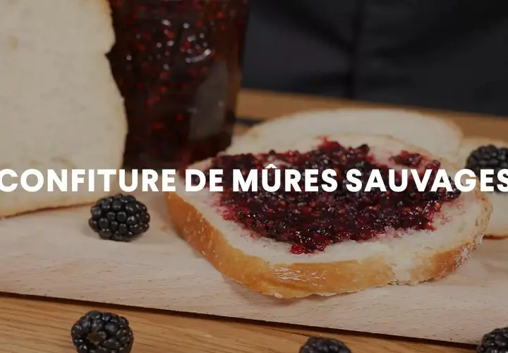 Tranche de pain tartinée de confiture de mûres sauvages, avec des mûres fraîches et un pot de confiture en arrière-plan.