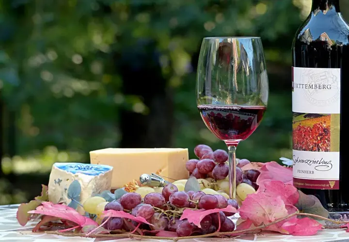 Un verre de vin rouge, du fromage et des raisins, une belle composition pour un apéritif.