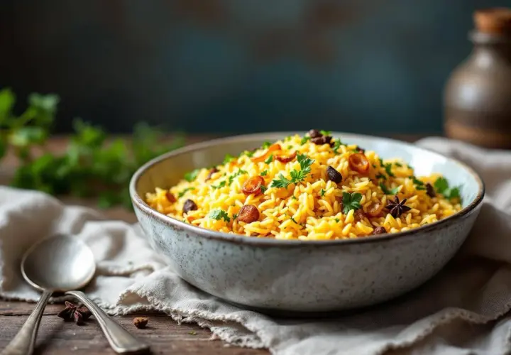 Un bol de riz créole parfumé, garni de persil frais, de raisins secs et d'anis étoilé. Une cuillère repose à côté.
