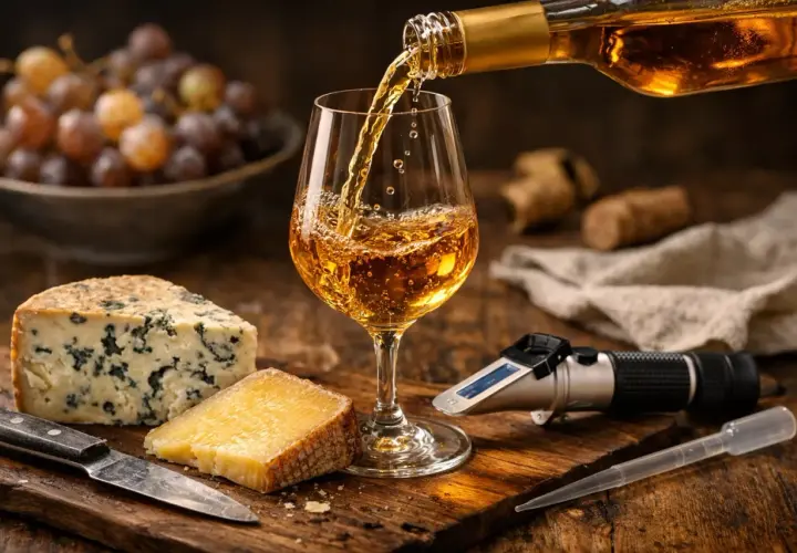 Verre de vin doré, dégustation de vins blancs sucrés avec fromages et raisins. Un réfractomètre suggère une mesure de sucre.