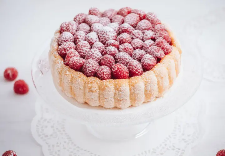 Charlotte framboise, un délice de biscuits à la cuillère et de fruits rouges, saupoudrée de sucre glace.