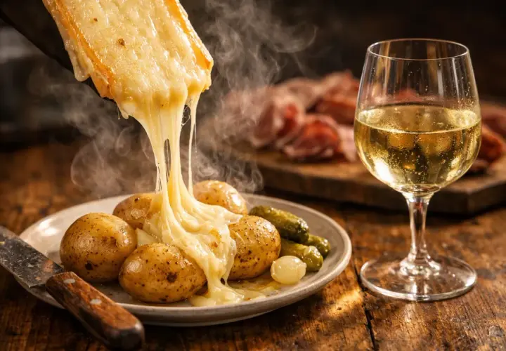 Un fromage à raclette fondant coule sur des pommes de terre et des cornichons, accompagné d'un verre de vin blanc.
