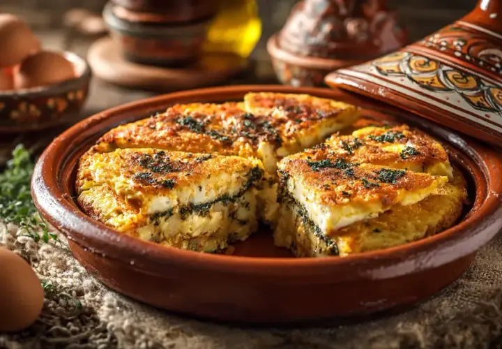 Un délicieux tajine tunisien aux œufs et herbes, servi dans un plat en terre cuite, avec des œufs frais et une touche de verdure.