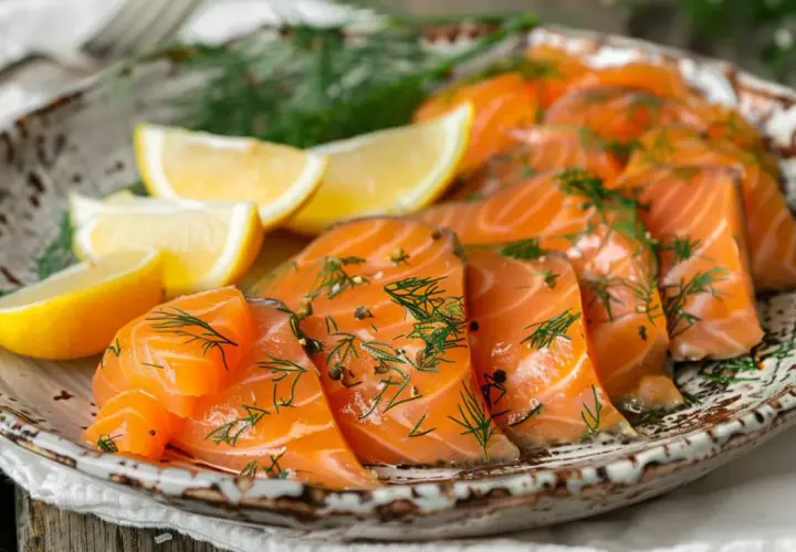 Tranches de saumon gravlax recette, garnies d'aneth frais et de poivre, servies avec des quartiers de citron sur une assiette rustique.