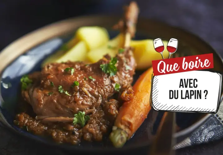 Un plat de lapin mijoté avec des carottes et des pommes de terre. La question "Que boire avec du lapin ?" est affichée.