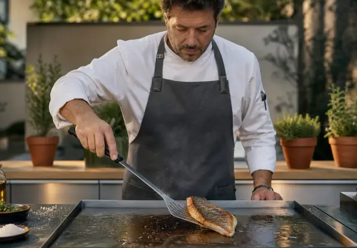 Un chef prépare un poisson sur un **bar à la plancha** en extérieur. L'arôme du poisson grillé embaume l'air.