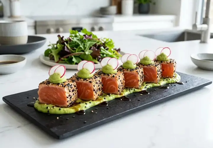 Tataki de saumon enrobé de sésame, servi sur une purée d'avocat avec des radis et une salade verte en arrière-plan.