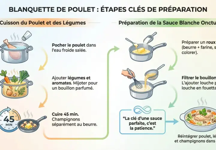 Étapes pour une blanquette de volaille parfaite : cuisson du poulet et des légumes, puis préparation d'une sauce blanche onctueuse.